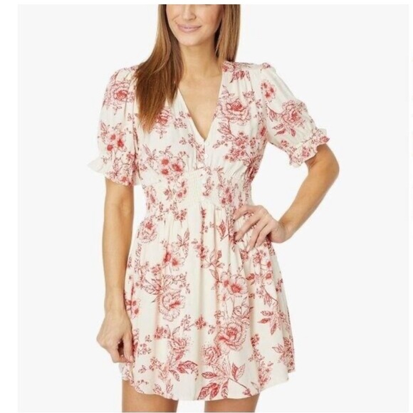 Lost and Wander mini dress floral print ivory red short sleeve size large - Picture 1 of 14